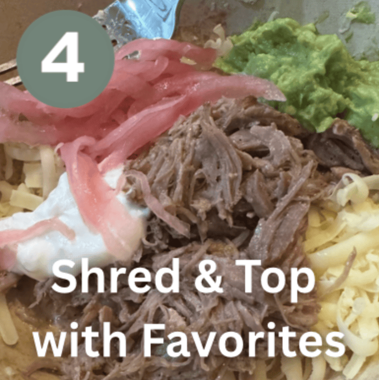Delicious shredded meat topped with fresh guacamole and pickled onions.