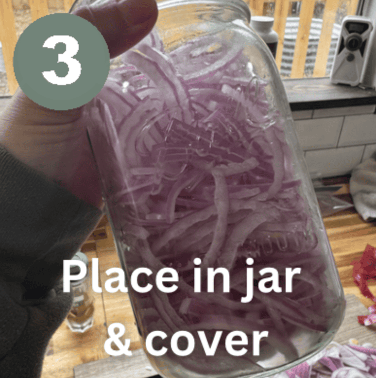 A hand holding a jar of sliced purple onion, a green circle with a white number three and text that reads place in jar & cover