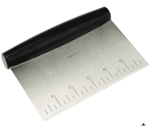 Stainless steel dough cutter with black handle for pretzels.