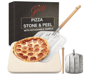 High-quality pizza stone and peel set for making soft, fluffy, and chewy gluten and dairy-free pizza.