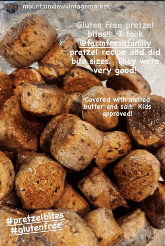 The text reads: mountainviewvintagemarket Gluten free pretzel bites!! I took © farmfreshfamily pretzel recipe and did bite sizes. They were very good! Covered with melted butter and salt. Kids approved! #pretzelbites #glutenfree" The image is full of pretzel bites stacked on top of each other.