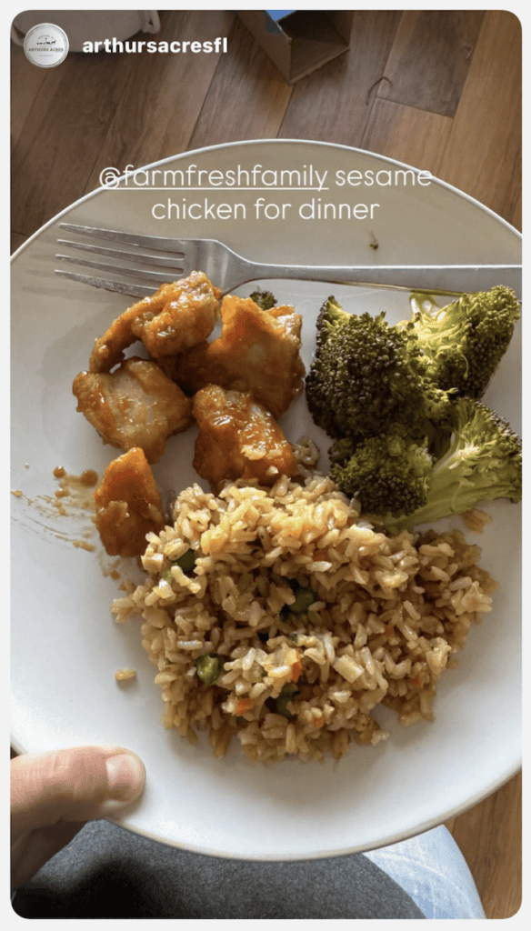 Crispy sesame chicken served with broccoli and fried rice on a white plate.