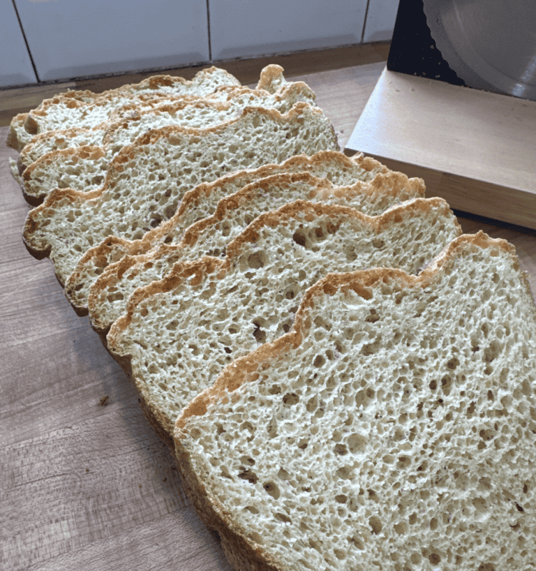 A line of sliced bread on a counter