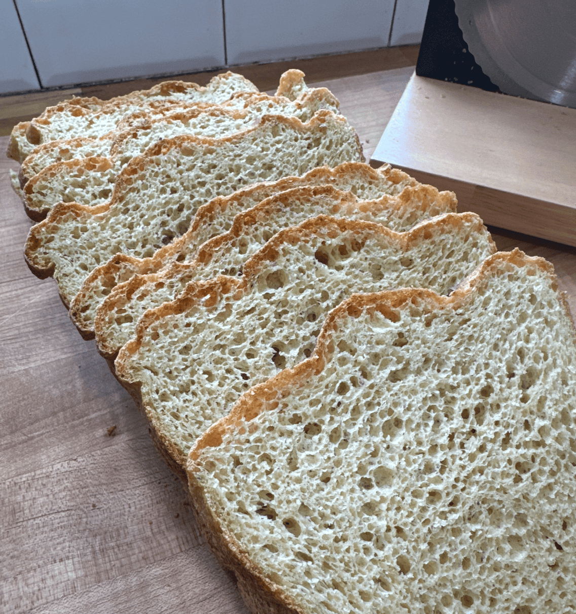 A line of sliced bread on a counter