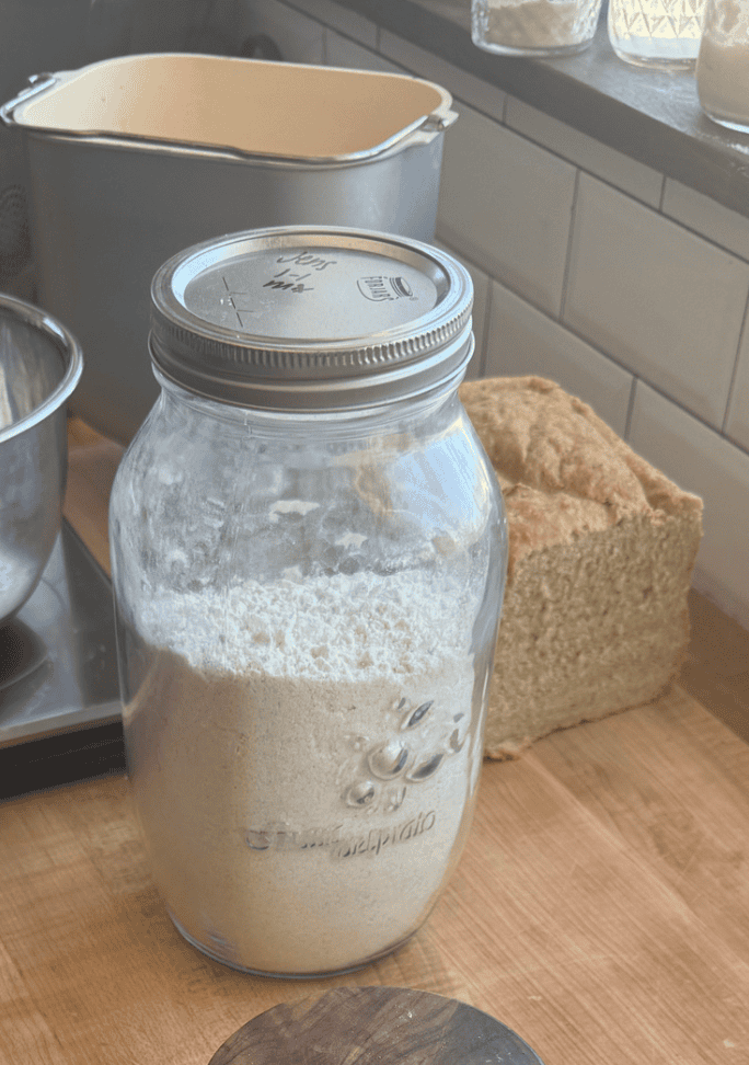 All-purpose flour in a glass jar for baking and cooking.