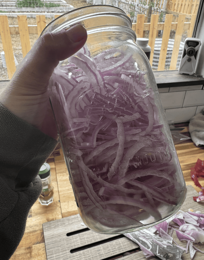 Hand holding a mason jar full of sliced red onions