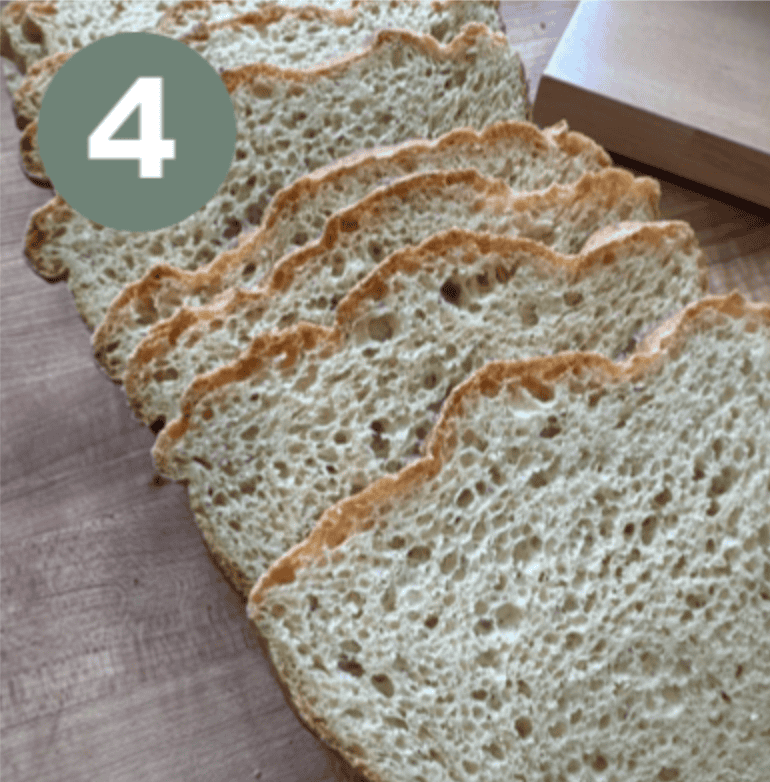 A pile of sliced bread and a green circle with a white number four in the upper left corner 