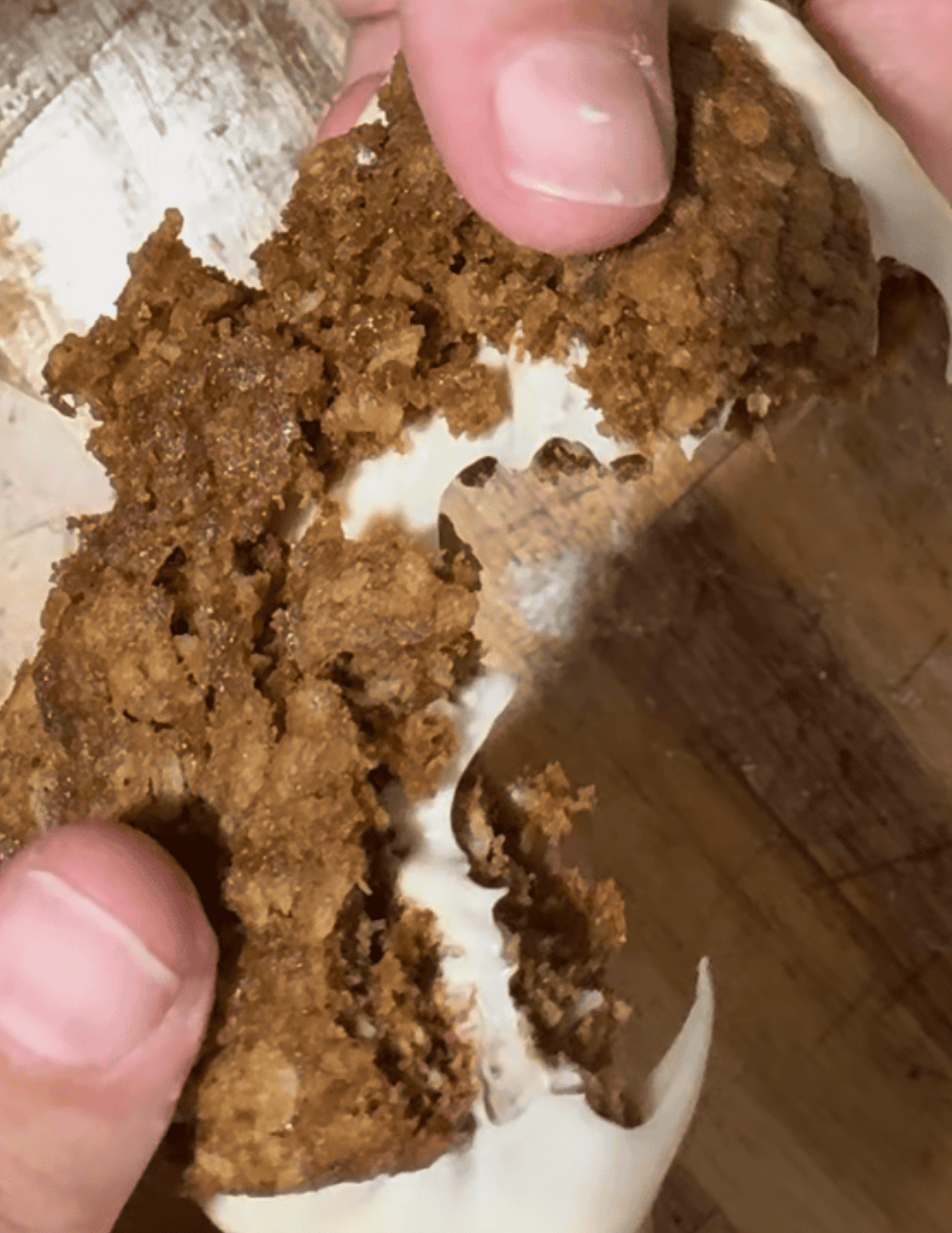 A hand pulling apart a large round cookie with oatmeal with white icing in the middle 